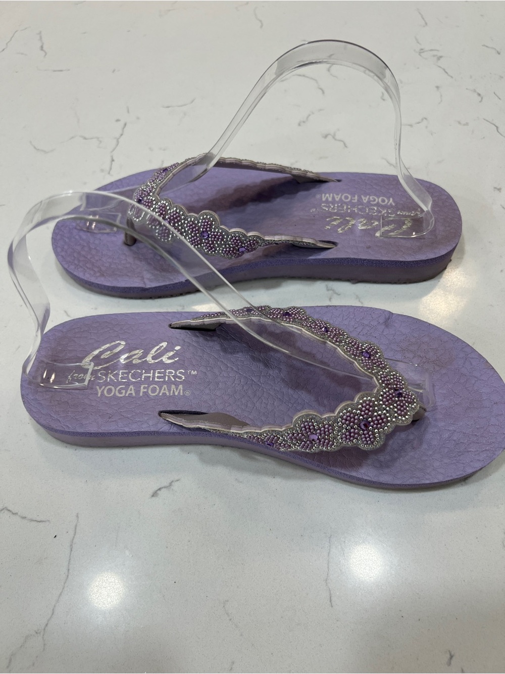 Skechers Cali Women 8.5 Violet Bejeweled Wedge Flip Flop Sandal yoga Foam sole - Picture 3 of 13